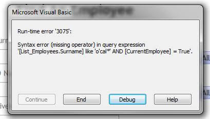Access Error en tiempo de ejecución 3075: falta operador en la expresión de consulta