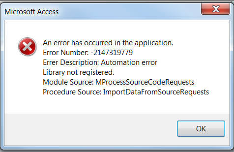 Error de tiempo de ejecución 2147319779 (8002801d) biblioteca no registrada