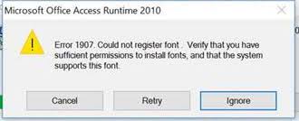 Microsoft Office Access tiempo de ejecución Error 1907 no pudo registrar Fuente