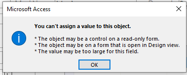 corregir el error de tiempo de ejecución 2448 Cannot Assign Value